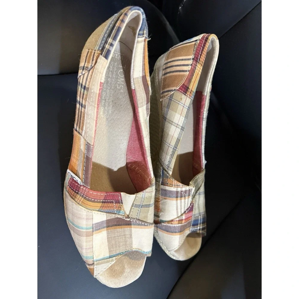 Toms Madras Plaid 10 Patchwork Espadrille Wedge Peep Toe Shoes boho